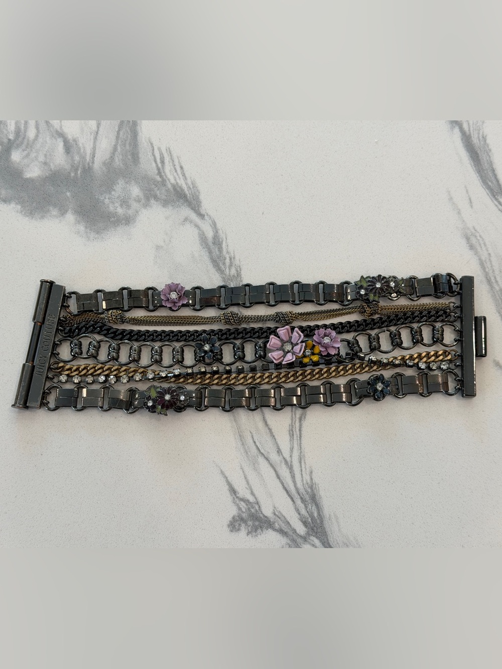 Juicy Couture Gunmetal Multi-Chain Necklace with Floral Accents